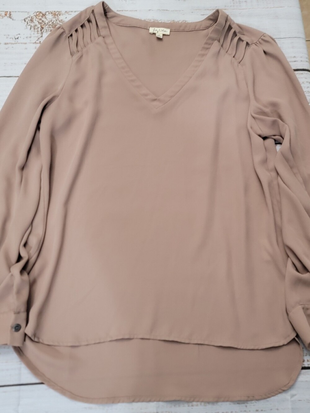 Lily White Women's Taupe Cutout-Shoulder V-Neck Blouse